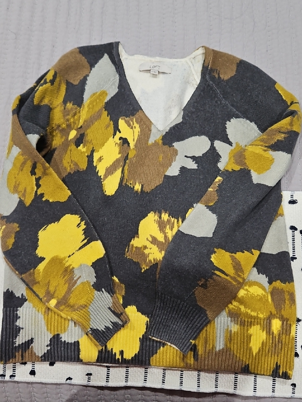 LOFT Gray V-Neck Sweater with Yellow and Brown Floral Print